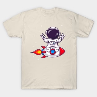 Cute Astronaut Riding Rocket Cartoon T-Shirt